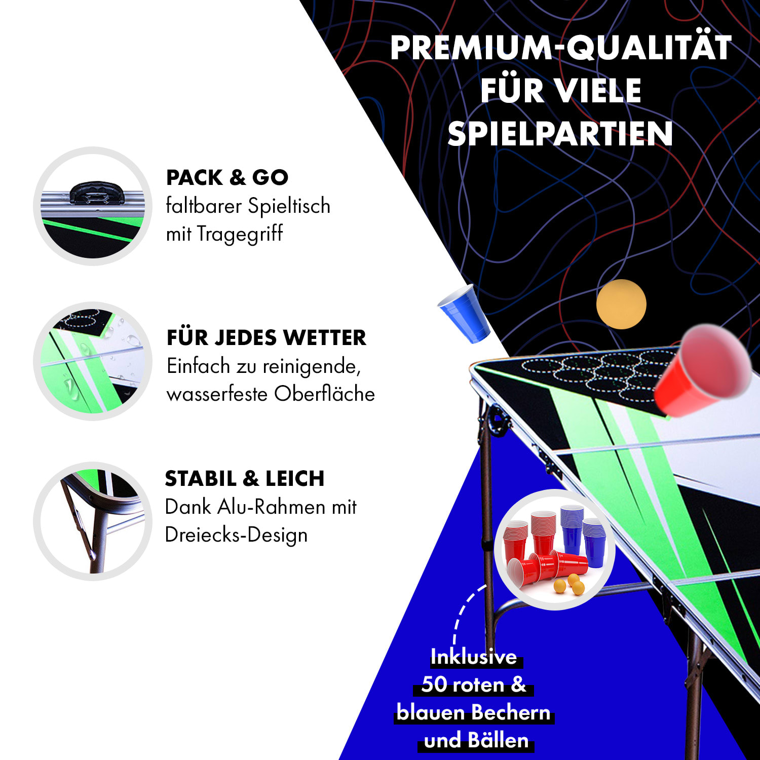 E-shop BeerCup Backspin Beer Pong, stolík, neonový, rukoväte, držiaky na loptičky, 6 loptičiek