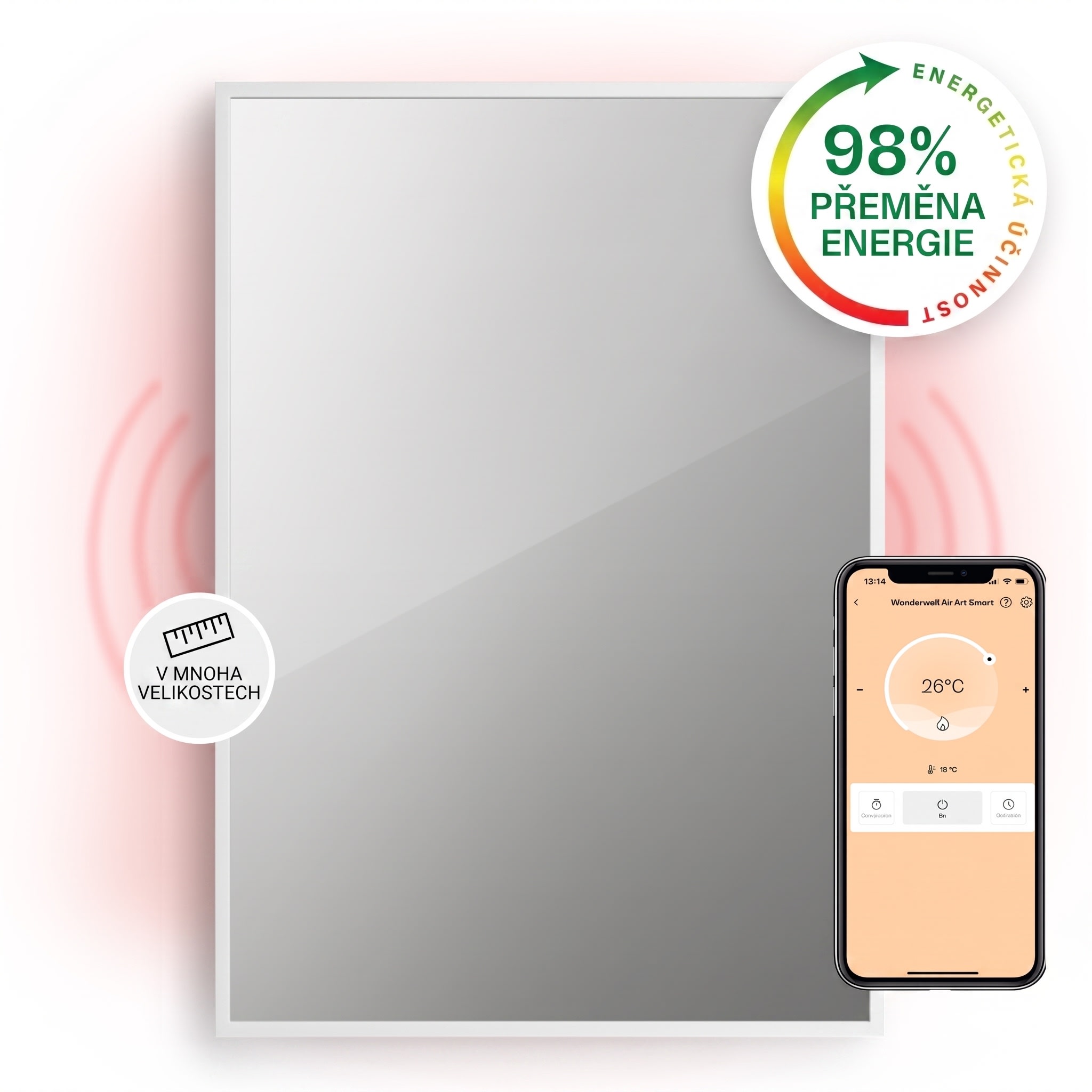 Fotografie produktu: Klarstein La Palma 700, infračervený ohřívač 2 v 1, smart, 85 x 60 cm, 750 W, zrcadlová přední strana
