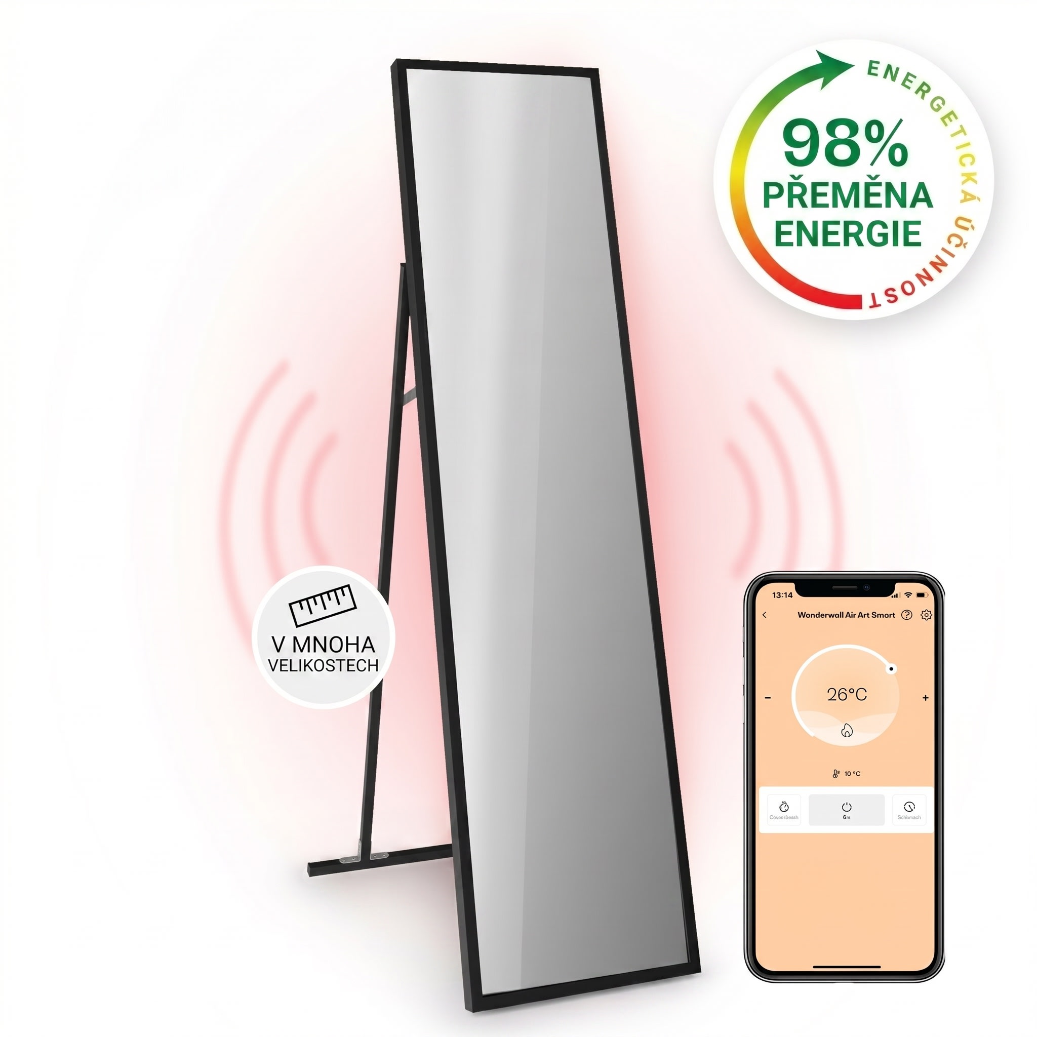Fotografie produktu: Klarstein La Palma 900, infračervený ohřívač 2 v 1, smart, 40 x 160 cm, 900 W, zrcadlová přední strana