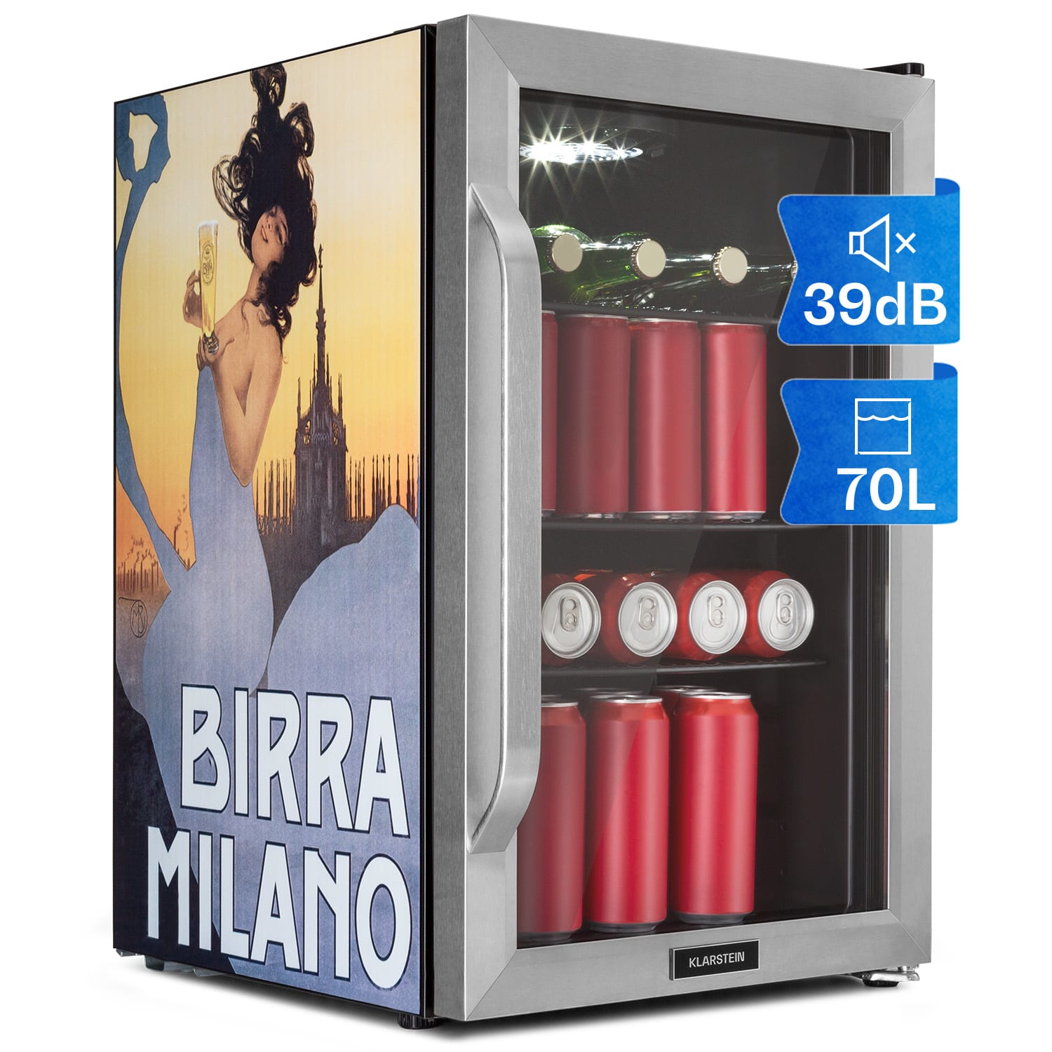 Levně Klarstein Beersafe 70, Birra Milano Edition, lednice, 70 l, 3 police, panoramatické skleněné dveře, nerezová ocel