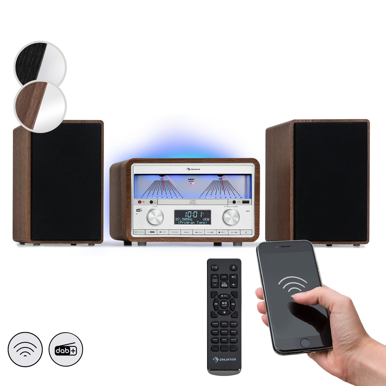 Auna Elton, sistem stereo, CD, BT, MP3, DAB+, radio FM, contorizator VU, iluminare din spate