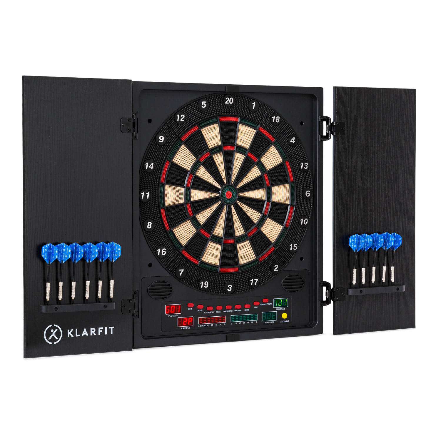 Klarfit dartmaster 180 darts elülső ajtóval 12 darts és 24 darts hegy tápegység fali konzol