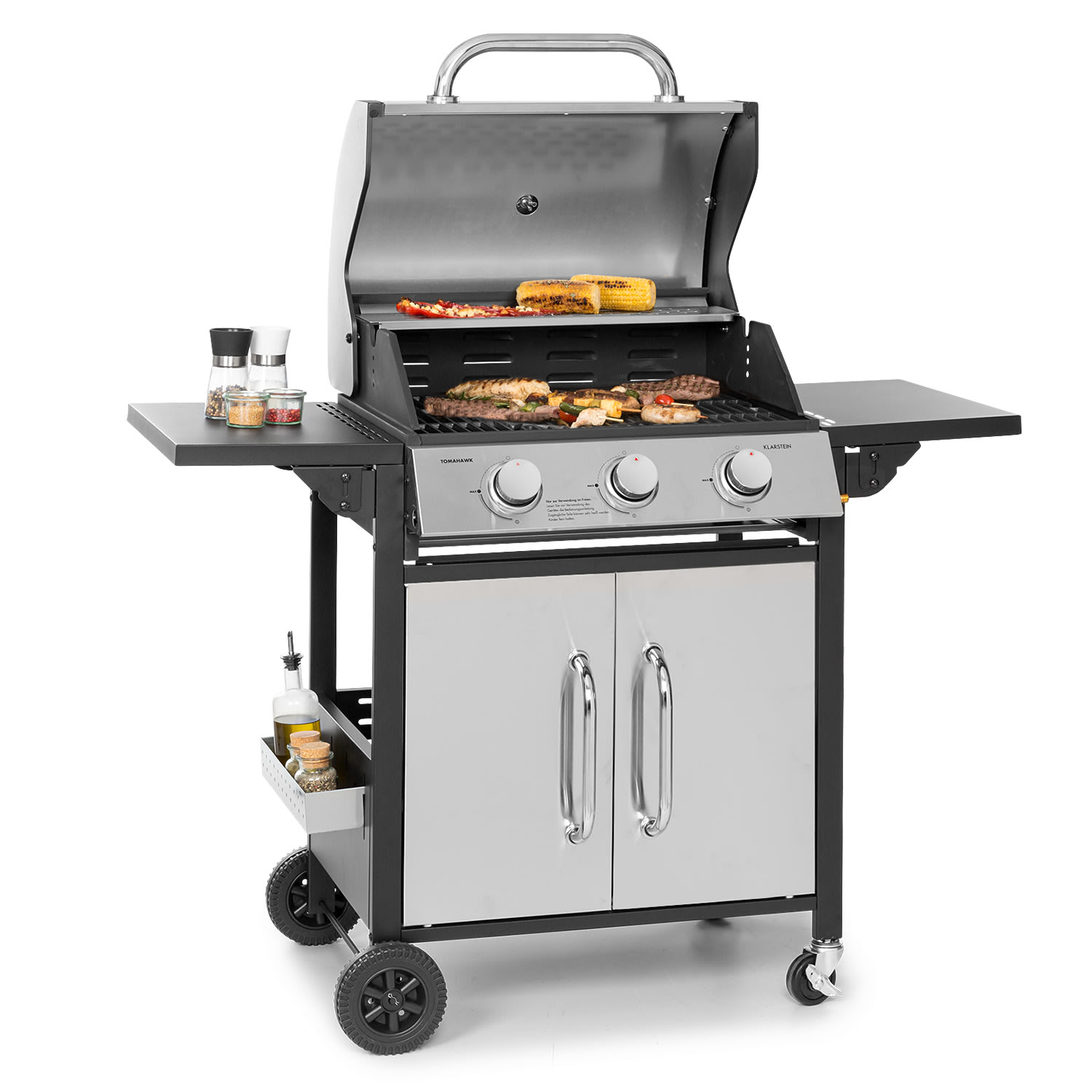 Klarstein Tomahawk, gázgrill, 3 x 3,6 kW-os égő, 60 x 43,5 cm, rozsdamentes acél grillsütő