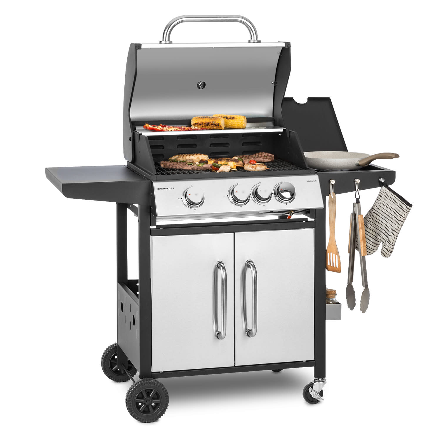 Klarstein Tomahawk 3.1 S, gázgrill, 3x3,6 kW-os égő + 2,7 kW-os oldalsó égő, 60x45cm, grill, rozsdamentes acélból készült