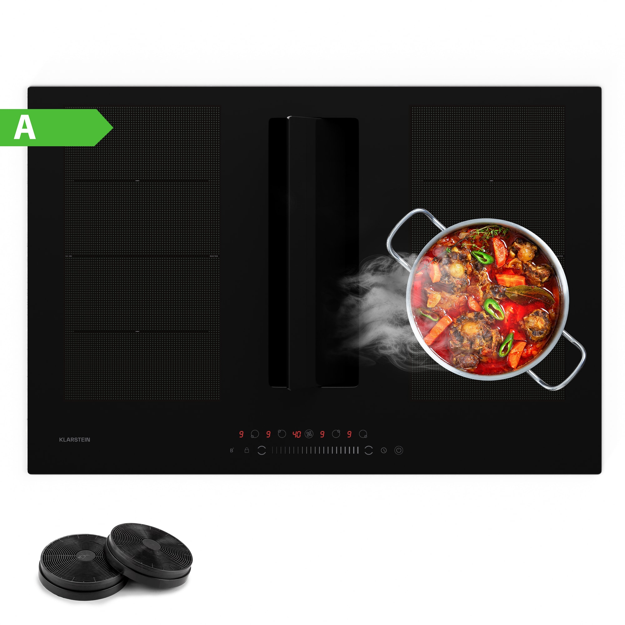 E-shop Klarstein Chef-Fusion Down Air System, indukčný sporák + DownAir digestor, 77 cm, 600 m³/h EEC A+