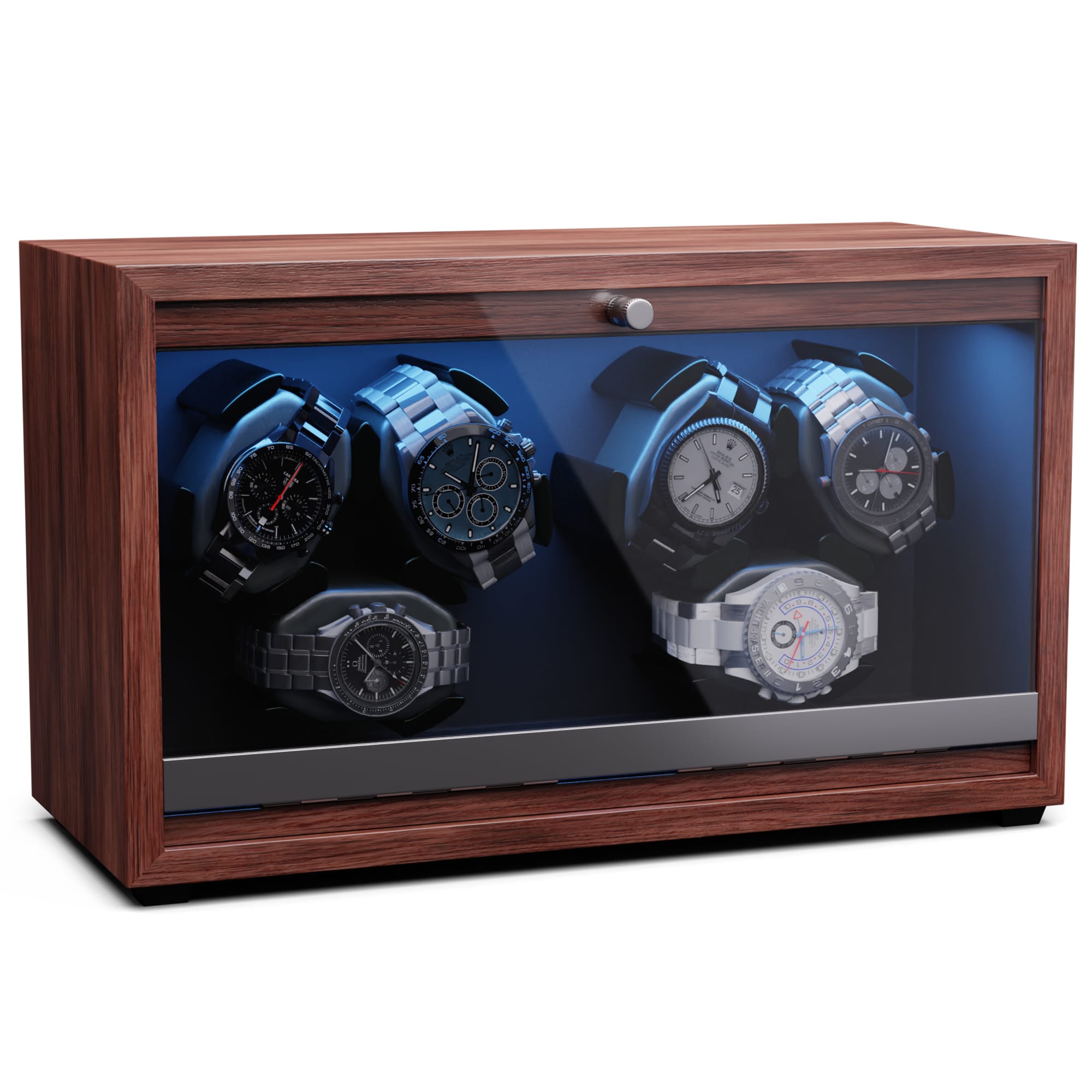 E-shop Klarstein Brienz 6, naťahovač hodiniek, 6 hodiniek, 4 režimy, drevený vzhľad, modré vnútorné osvetlenie