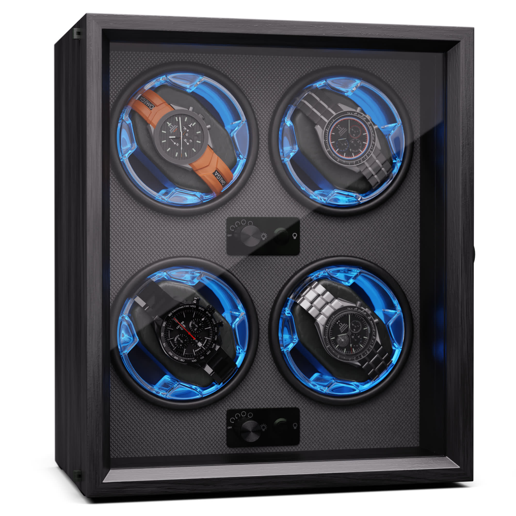 E-shop Klarstein Brienz 4, naťahovač hodiniek, 4 hodinky, 4 režimy, drevený vzhľad, modré vnútorné osvetlenie