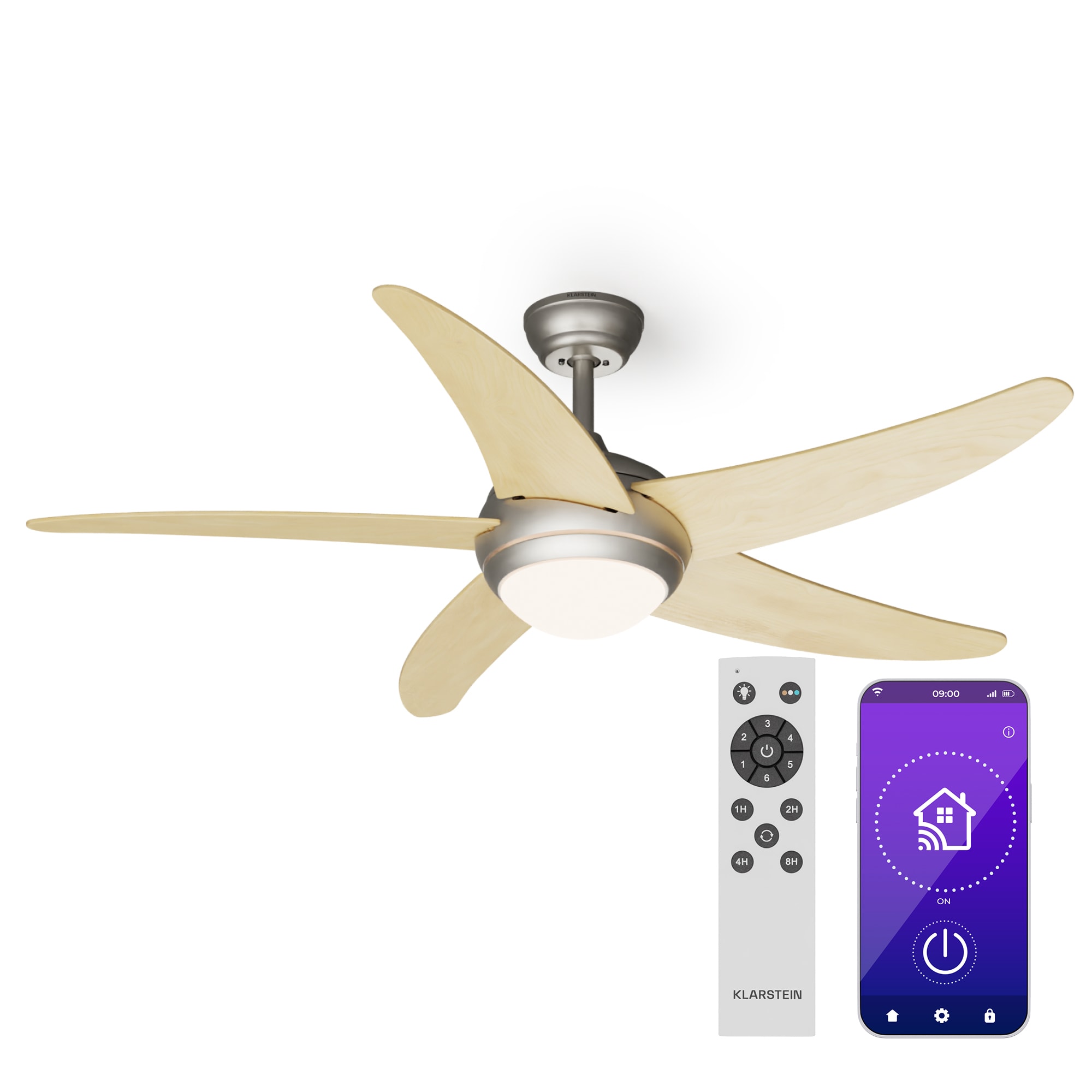 Klarstein Bolero 2 v 1 Smart, stropný ventilátor, Ø 132 cm, svetlo 55 W, diaľkové ovládanie, ovládanie cez aplikáciu, 2 smery chodu