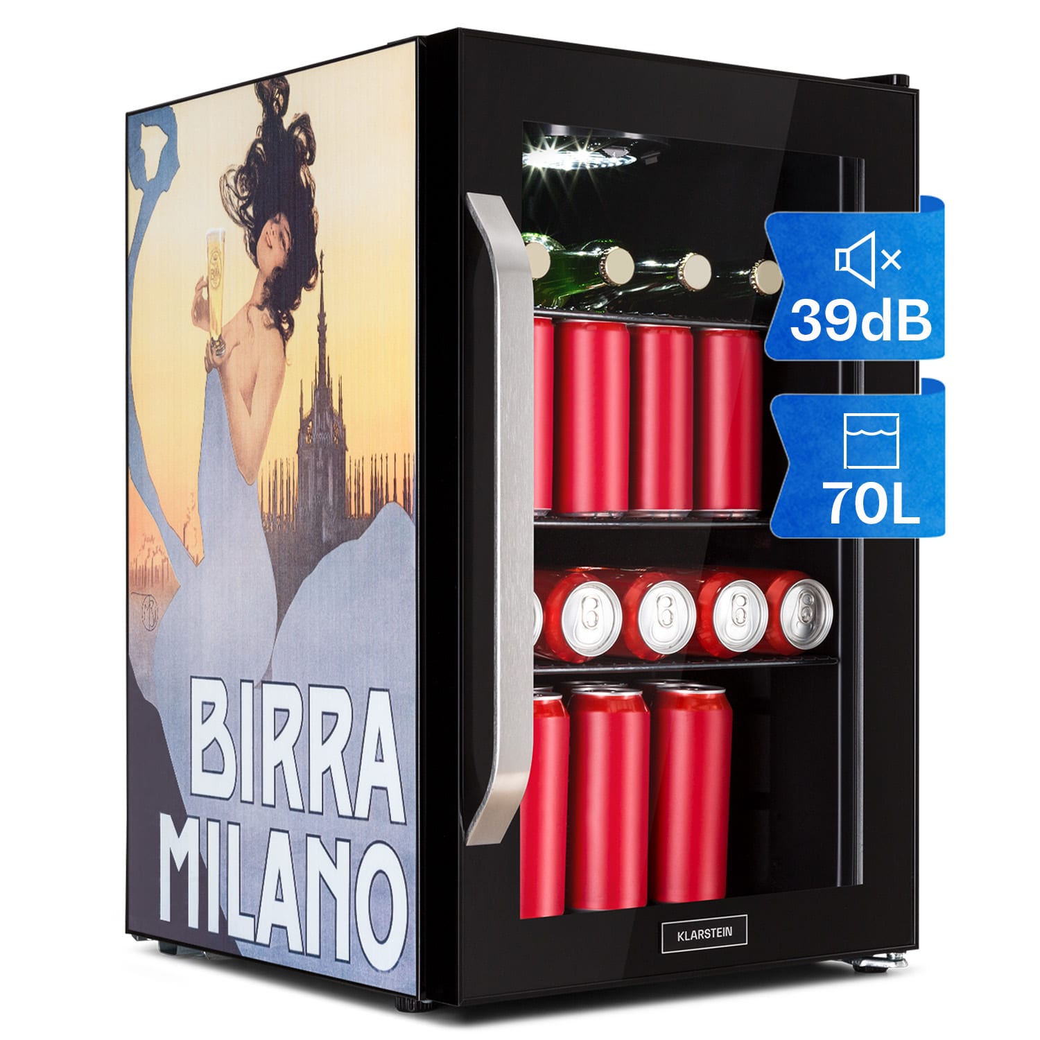 Klarstein Beersafe 70, Birra Milano Edition, chladnička, 70 litrů, 3 police, panoramatické skleněné dveře, nerezová ocel