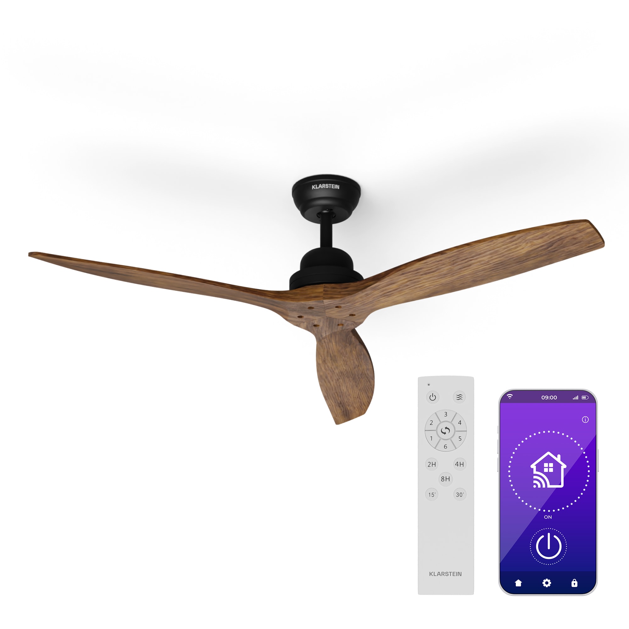 E-shop Klarstein Santa Elena Smart 52", Ø 132 cm stropný ventilátor, 9 060 m³/h, lopatky z pravého dreva, 6 nastavení rýchlosti, diaľkové ovládanie