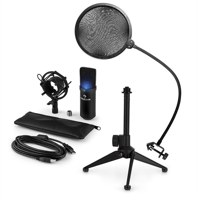 E-shop Auna MIC-900B-LED V2, trojdielna USB mikrofónová sada, kondenzátorový mikrofón + pop-filter + stolný statív