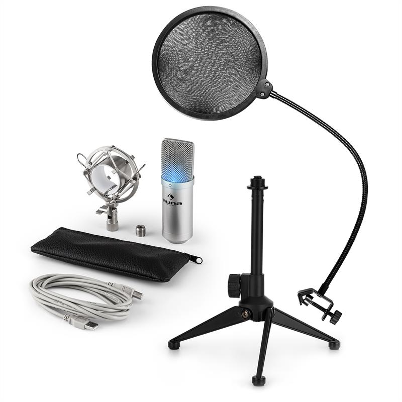 E-shop Auna MIC-900S-LED V2, trojdielna USB mikrofónová sada, kondenzátorový mikrofón + pop-filter + stolný statív