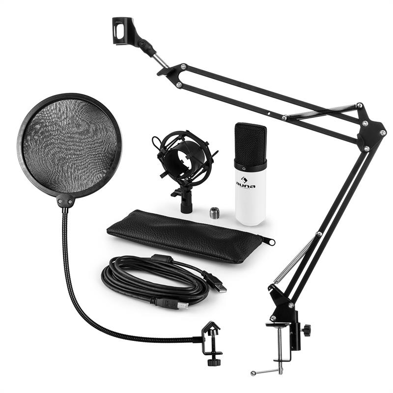 Auna MIC-900WH, USB mikrofónová sada V4, biela, kondenzátorový mikrofón, pop filter, mikrofónové rameno