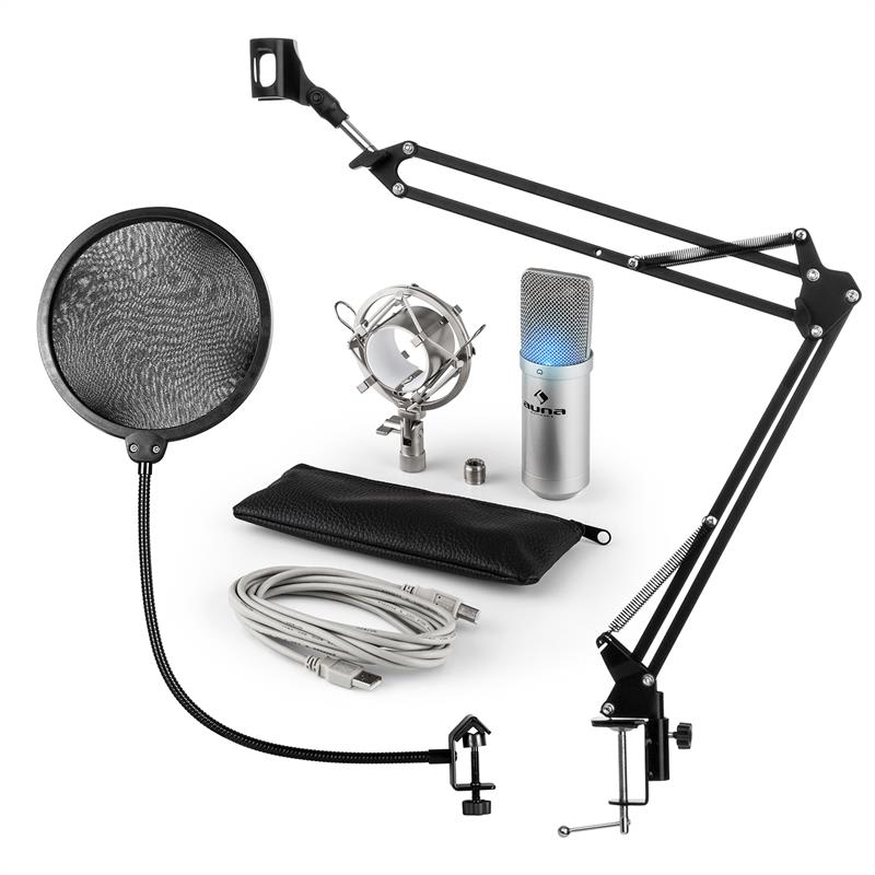 Auna MIC-900S-LED, USB mikrofónová sada V4, strieborná, kondenzátorový mikrofón, pop filter, mikrofónové rameno, LED