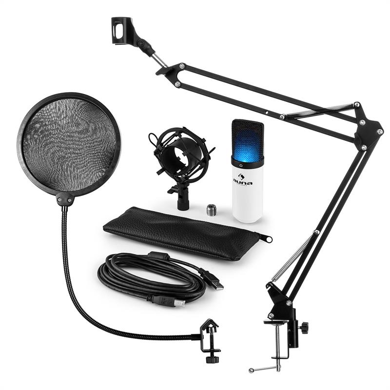 E-shop Auna MIC-900WH-LED, USB mikrofónová sada V4, biela, kondenzátorový mikrofón, pop filter, mikrofónové rameno, LED