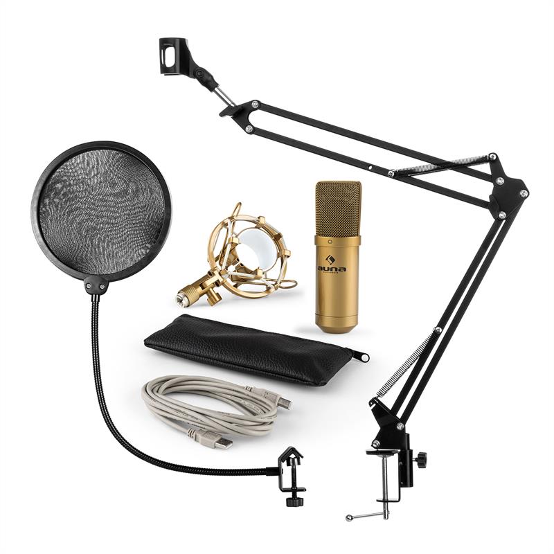 Auna MIC-900G V4, mikrofónová sada, USB kondenzátorový mikrofón, rameno, pop-filter, zlatá farba