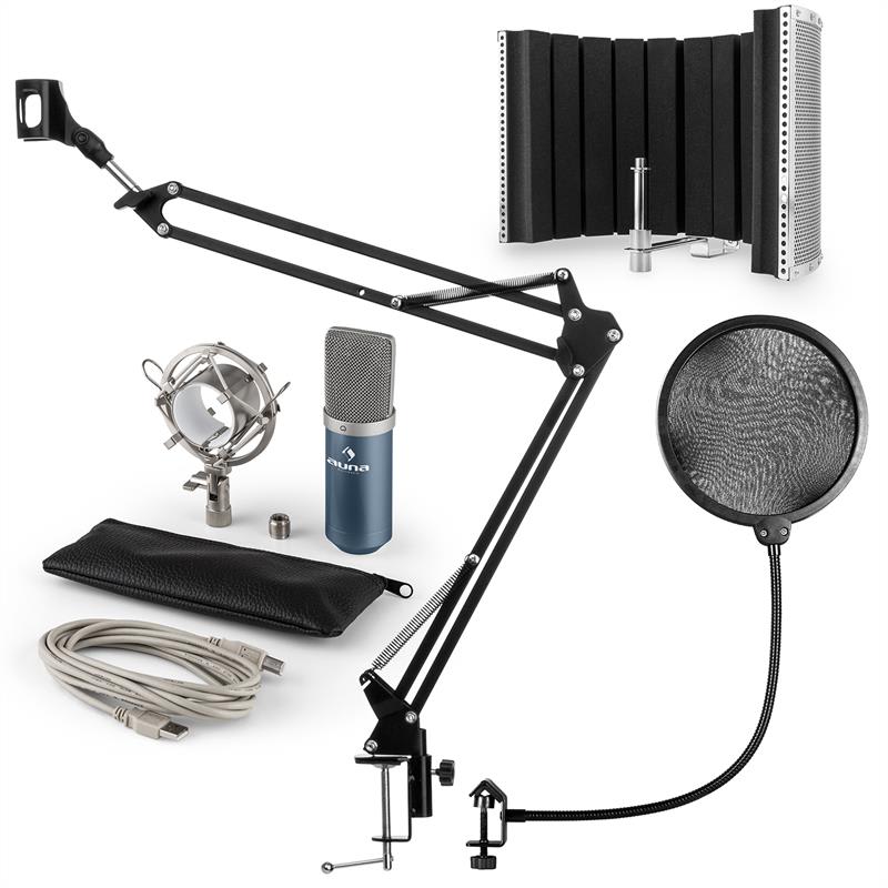 Auna mic-900bl usb mikrofon szett v5 kondenzátoros mikrofon, pop filter, mikrofonernyő, mikrofon kar, kék