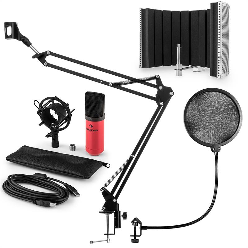 E-shop Auna MIC-900RD USB mikrofónová sada V5, červená, kondenzátorový mikrofón, pop filter, akustická clona, rameno