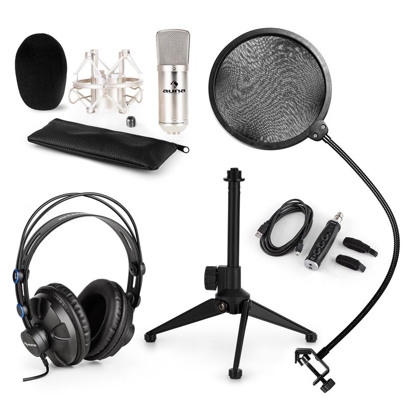 Auna cm001s v2 mikrofon szett, fejhallgató, kondenzátor mikrofon, usb adapter, állvány, pop filter, ezüst