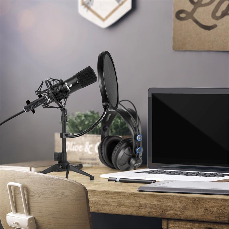 Auna cm001b v2 mikrofon szett, fejhallgató, kondenzátor mikrofon, usb adapter, állvány, pop filter, fekete