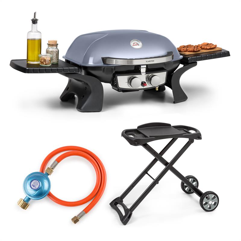 Klarstein Parforce Duo, plynový gril, plynová hadica, grilovací stôl, 2 horáky, 4,4 kW, 15000 BTU, sivý