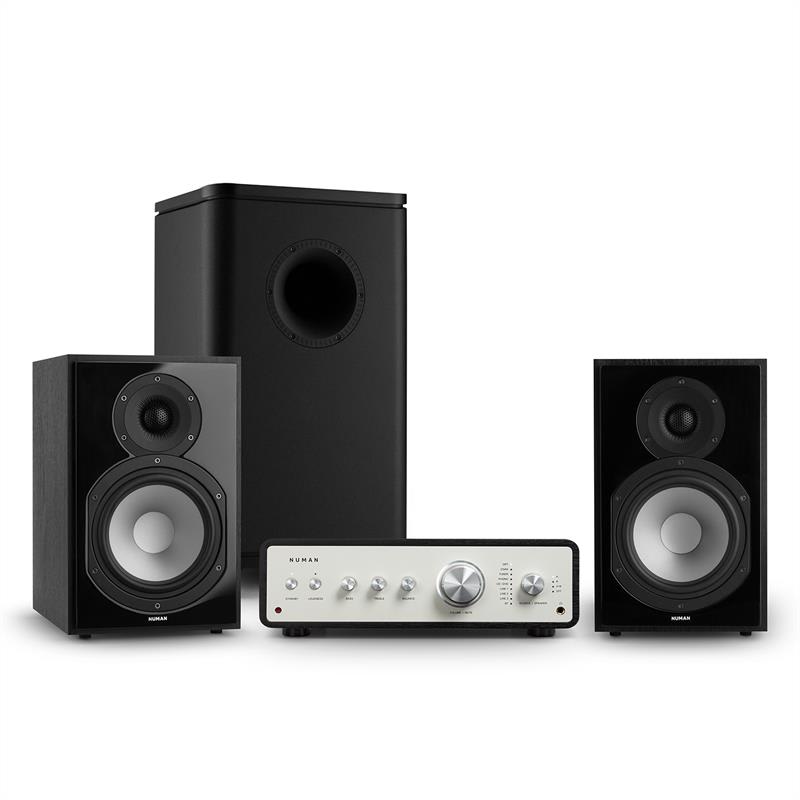 Numan drive 802, sztereo készlet, erősítő, polc hangfal, subwoofer, fekete