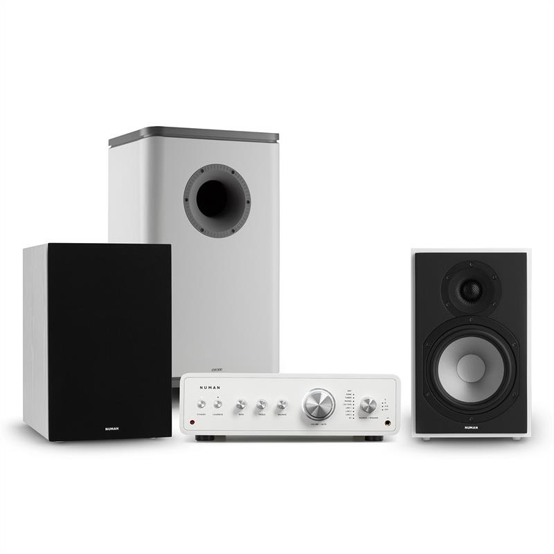 Numan drive 802, sztereo készlet, erősítő, hangfal, subwoofer, burkolat, fehér/szürke