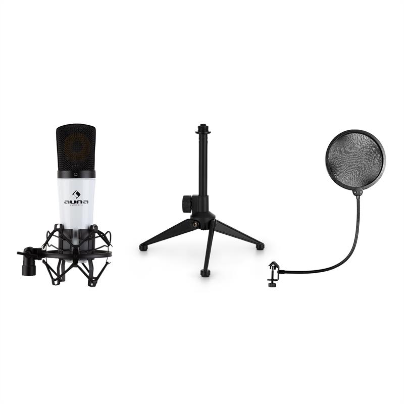 Auna mic-920, usb mikrofónová sada v1, kondenzátorový mikrofón, statív, pop filter, biely