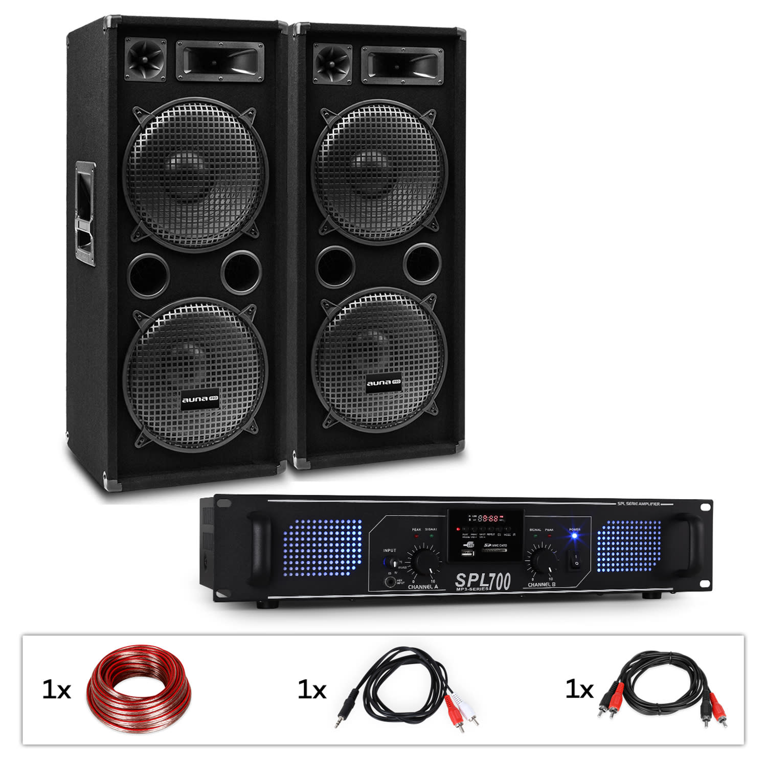 Levně Auna Pro PW-2222 MKII, PA sada, zesilovač, 2 pasivní 12" PA reproduktory, 500 W RMS/1000 W max., 3pásmové