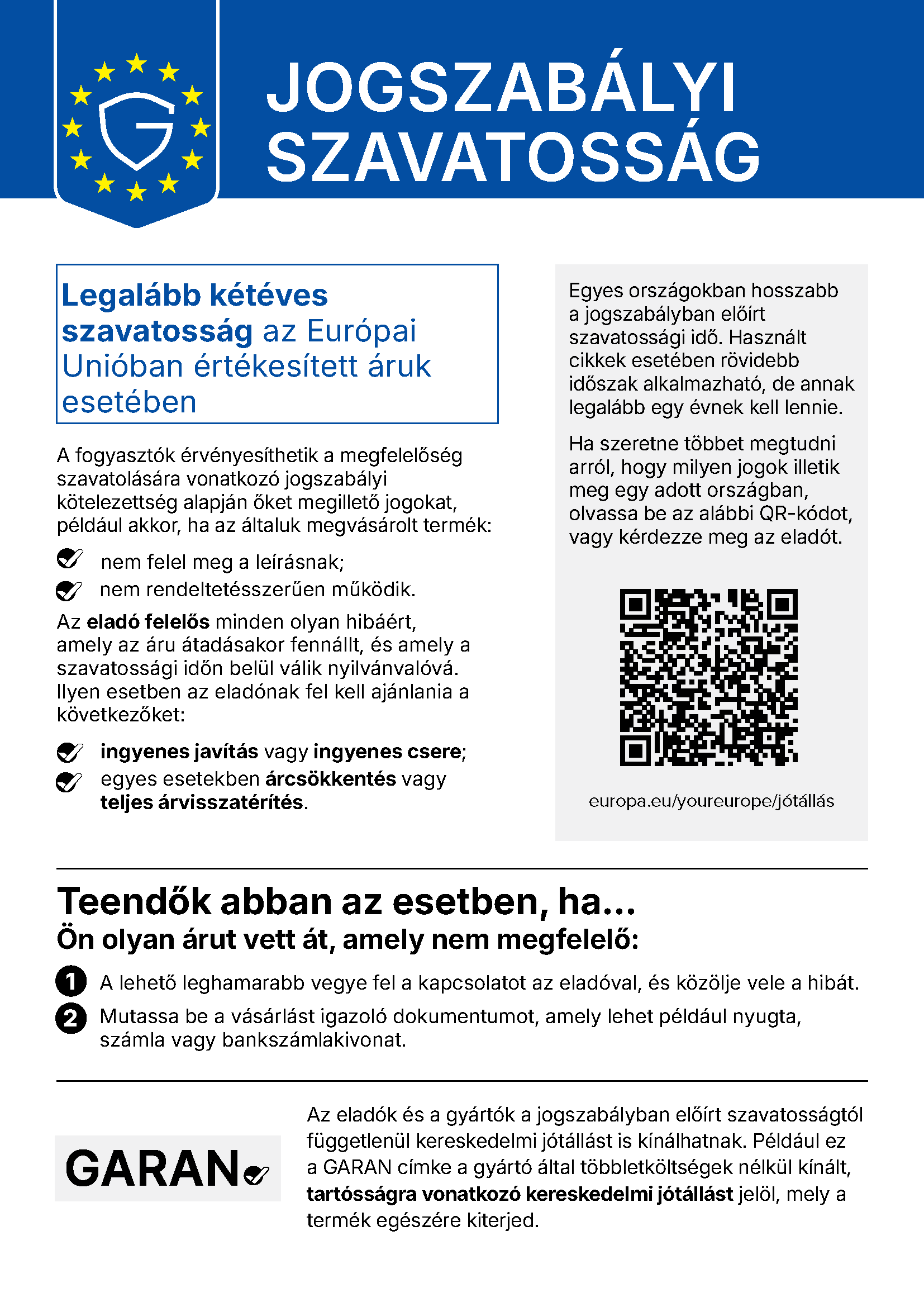 Klarstein törvényes jótállási tájékoztató