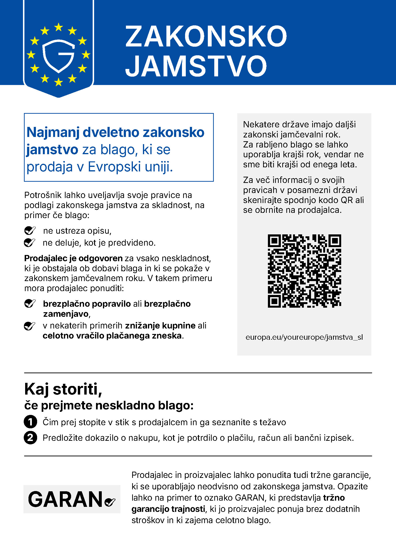 Obvestilo o zakonski garanciji Klarstein