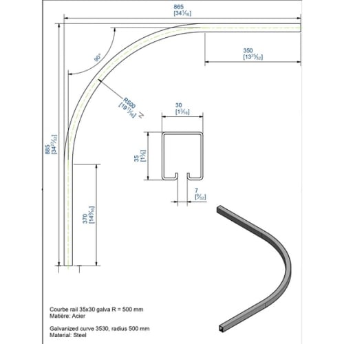 Courbe de rail 3530 en acier pour panneaux de 550 mm maxi photo du produit image_3 L