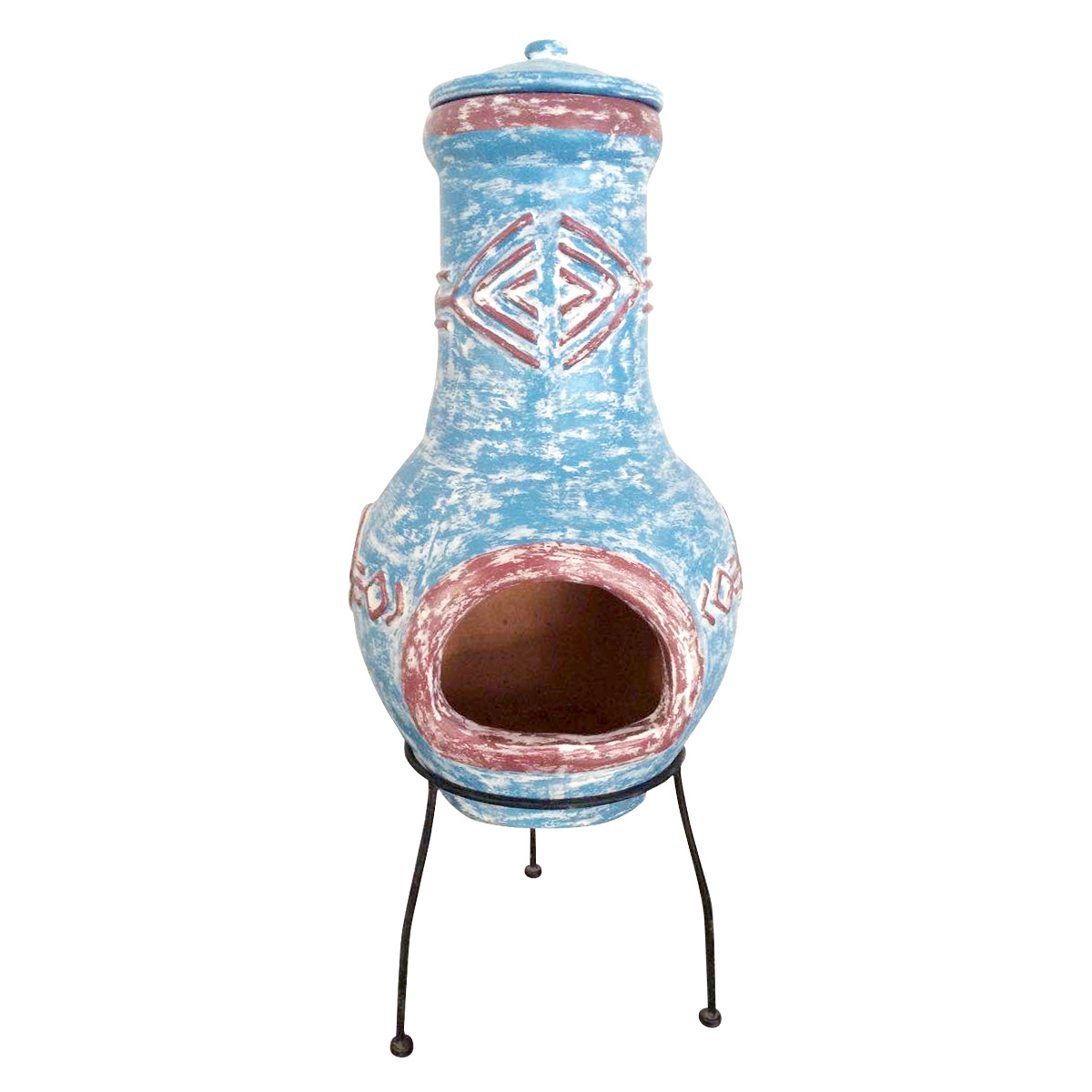 Charles Bentley Chiminea In Blue Or Red Made Of Clay With Steel