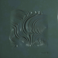 Generative art render of a ceramic tile with jade green glazing, carved with undulating swirls.