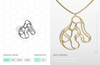 Screenshot of app, left side is hexagonal grid with pendant design, right side is gold 3D model