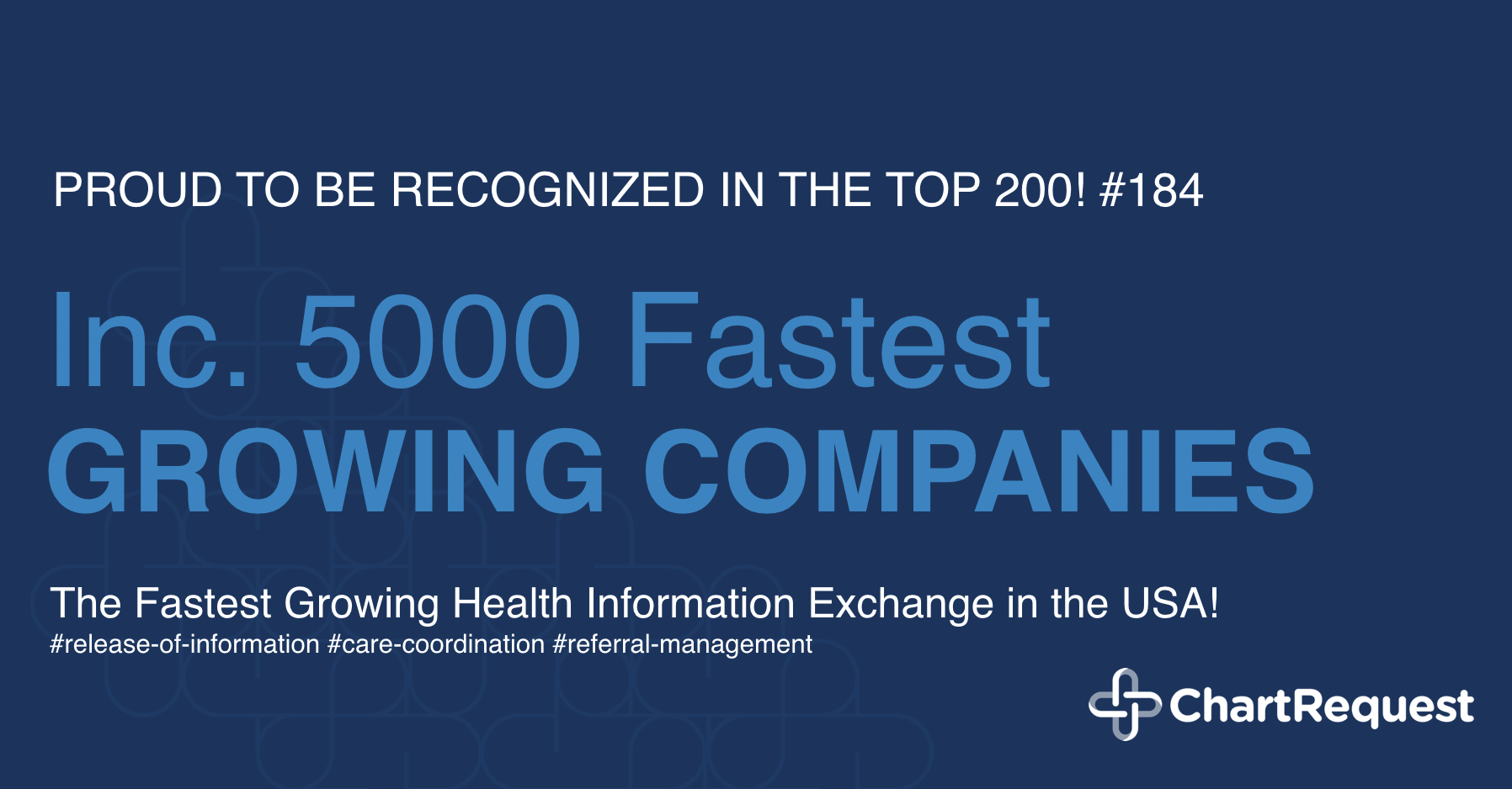 ChartRequest, the modern release of information and care coordination platform, ranked #184 on the 2019 Inc. 5000 List of America's fastest-growing private companies.