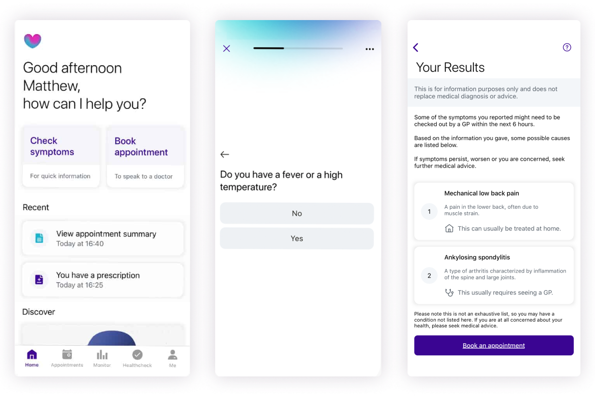 From left to right: the homepage of the app, a question screen in Symptom checker, a result screen in Symptom checker.