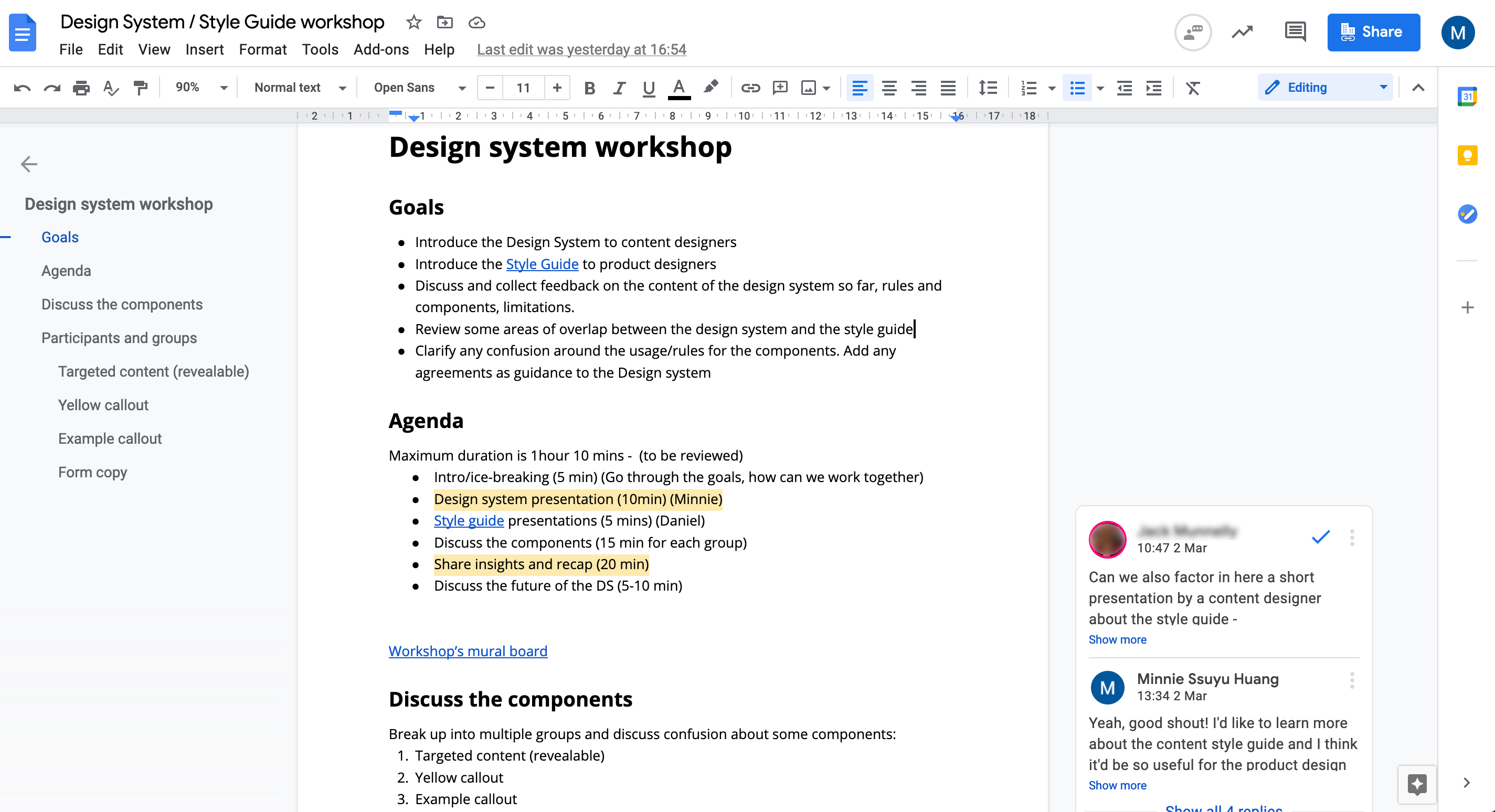 A document that captures the plan of workshop as well as the feedback from other organisers.