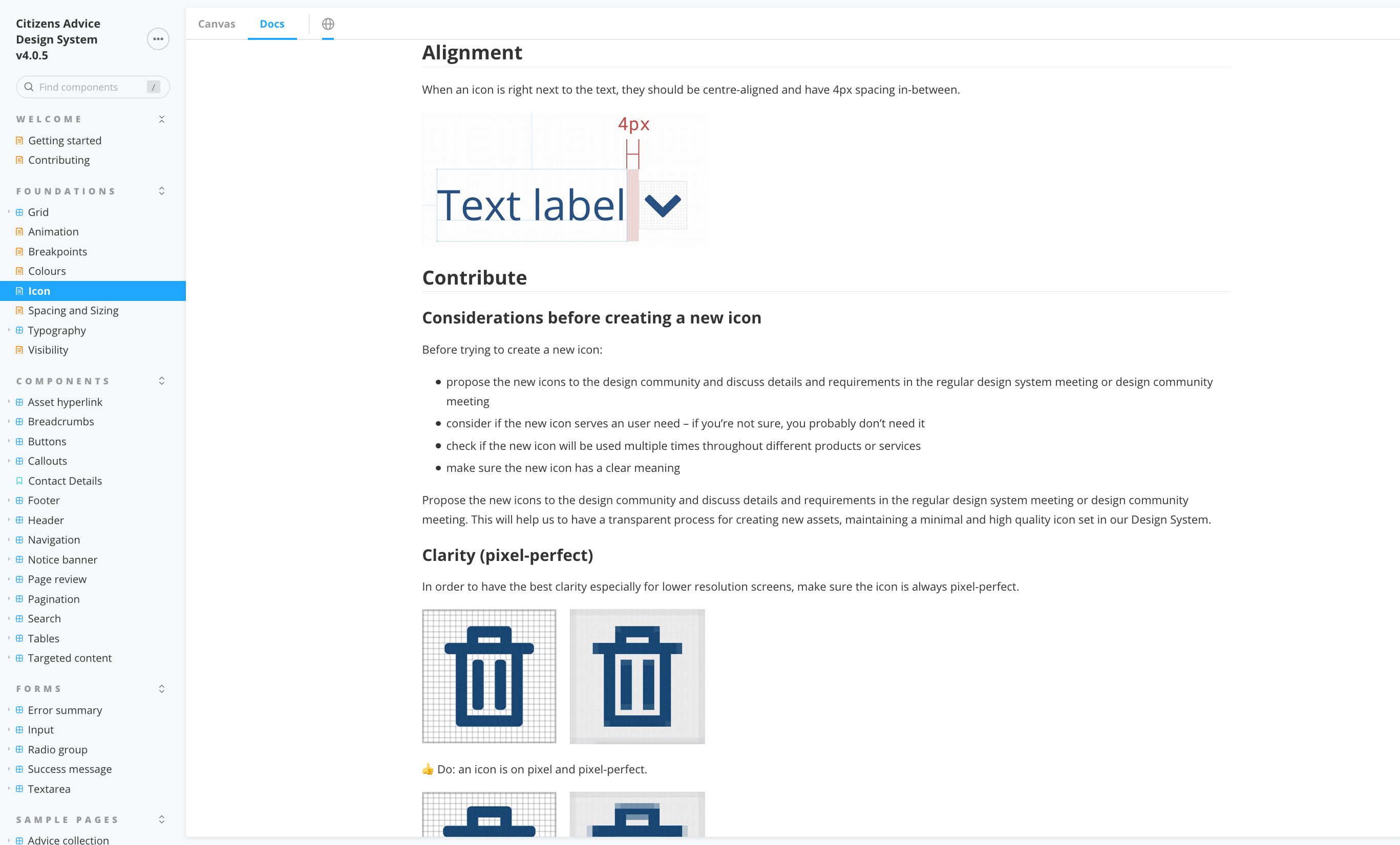 A screenshot of the Citizens advice Design system guidelines.