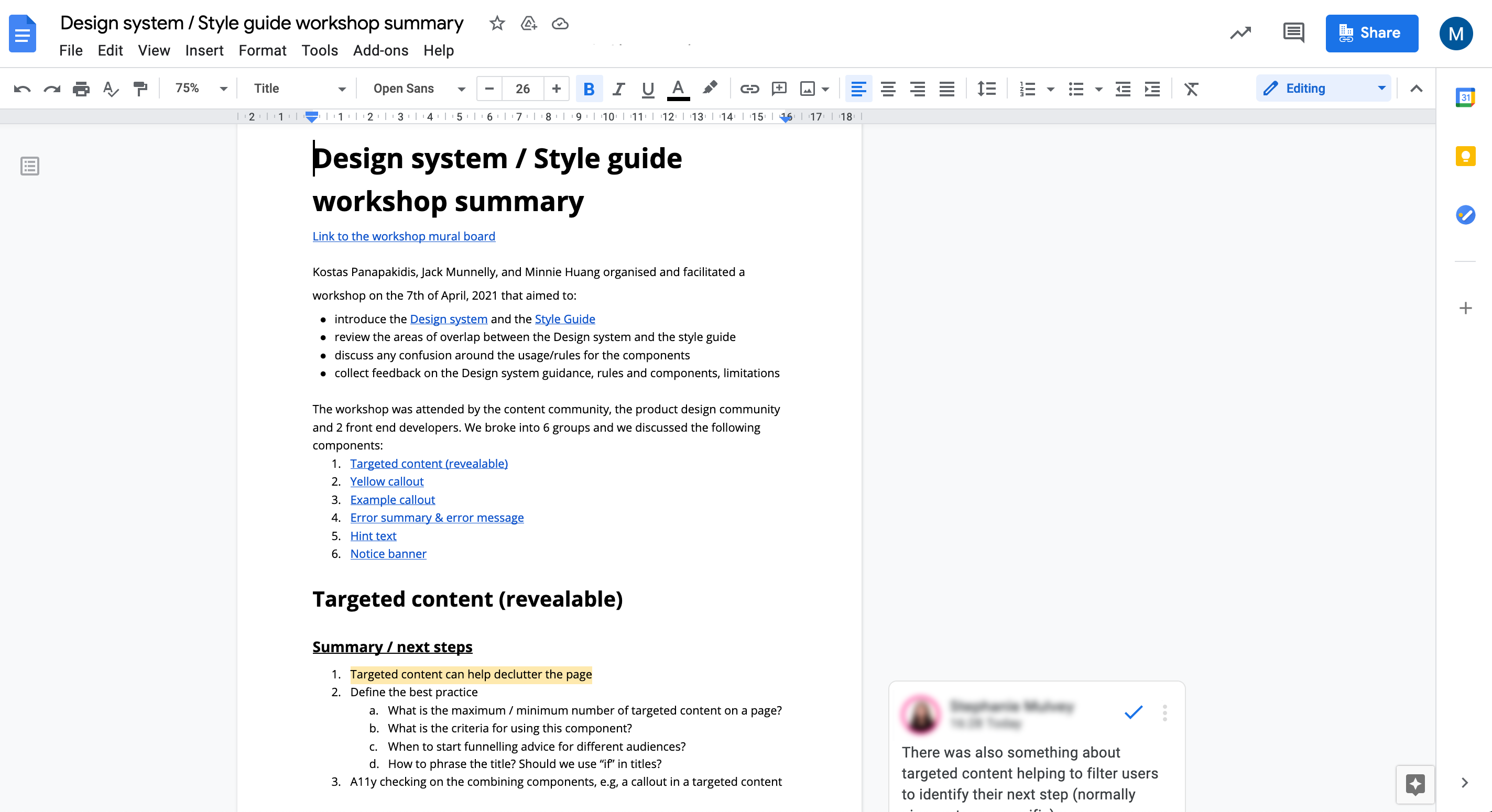 An image of the outcome summary document that me and a product designer were working on.