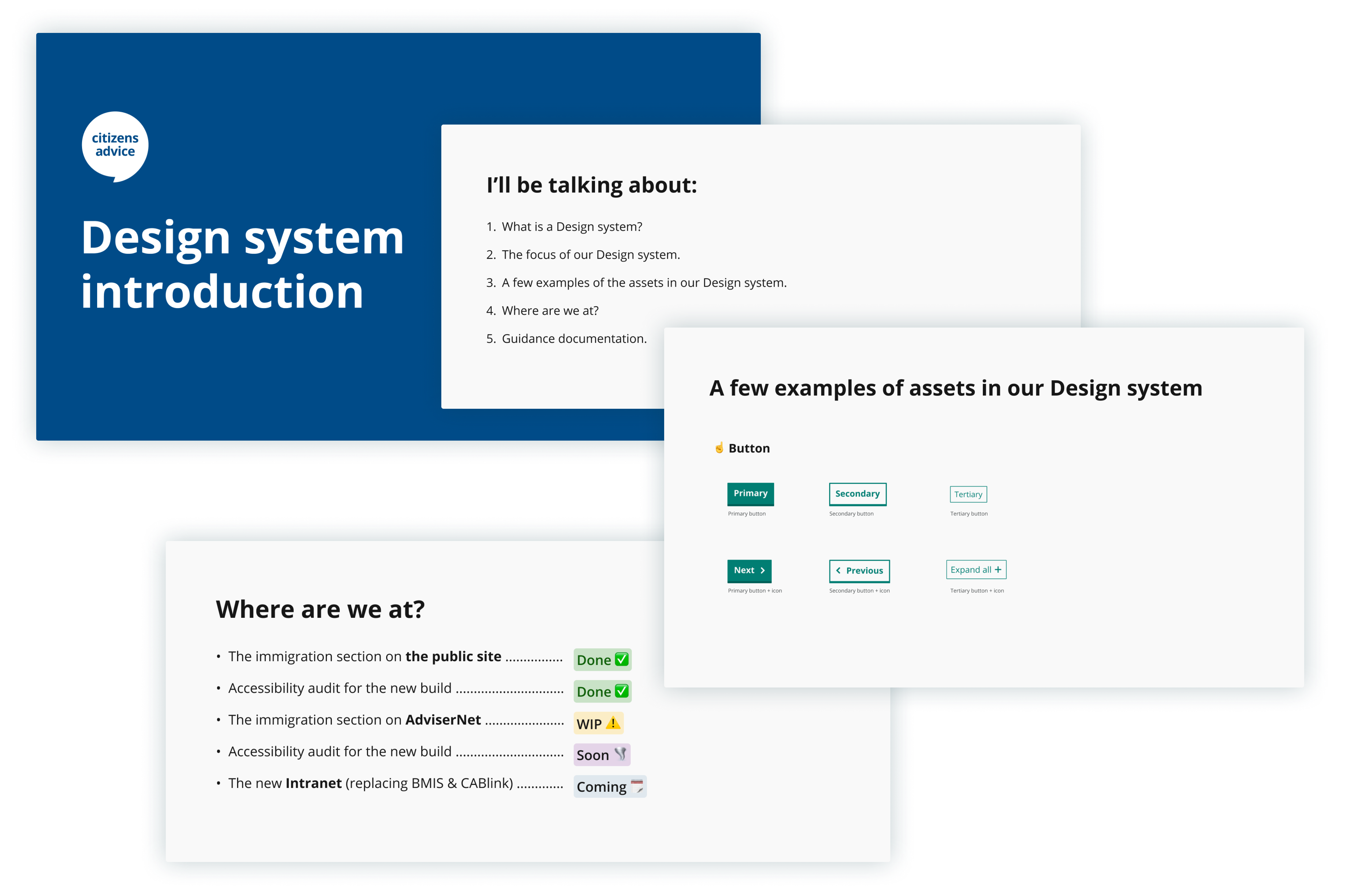 An image of some slides froom my Design system introduction deck.