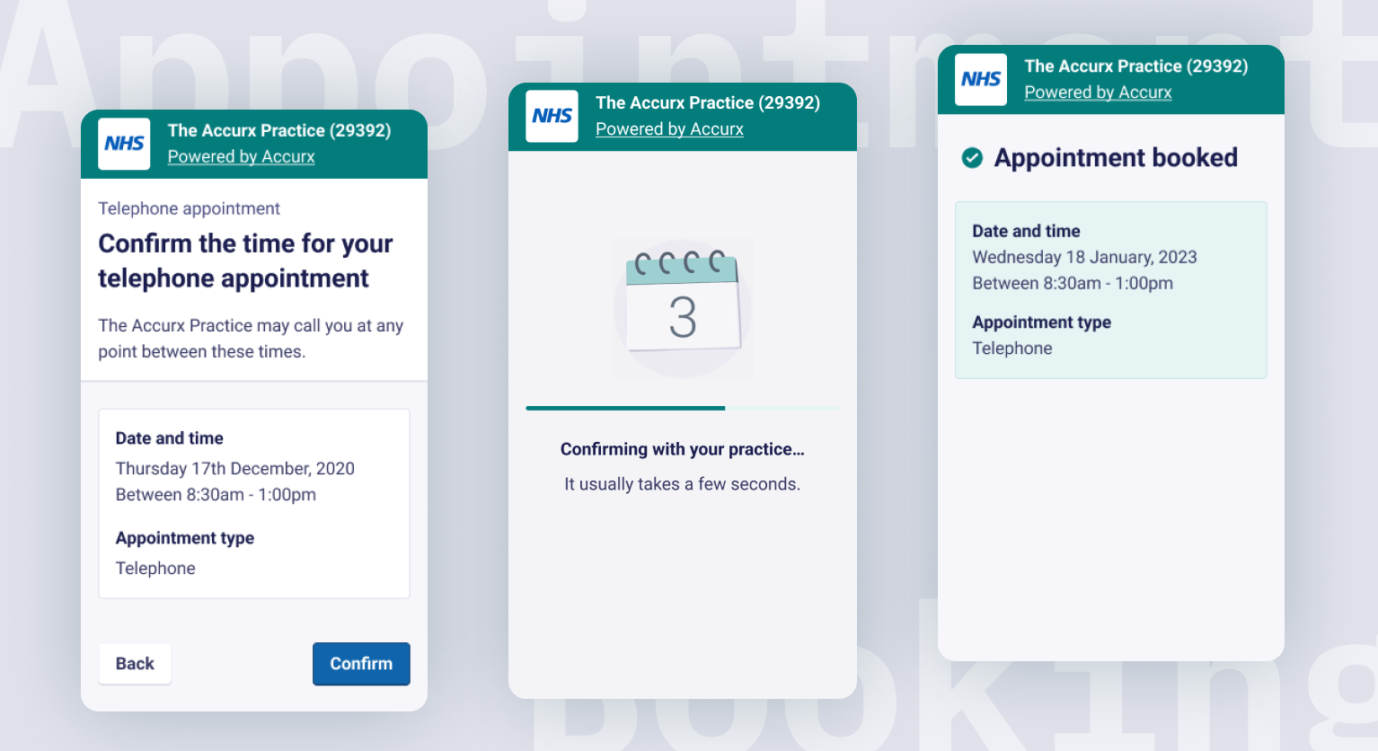 Some screens of Self-Book from the patient and practice flow.