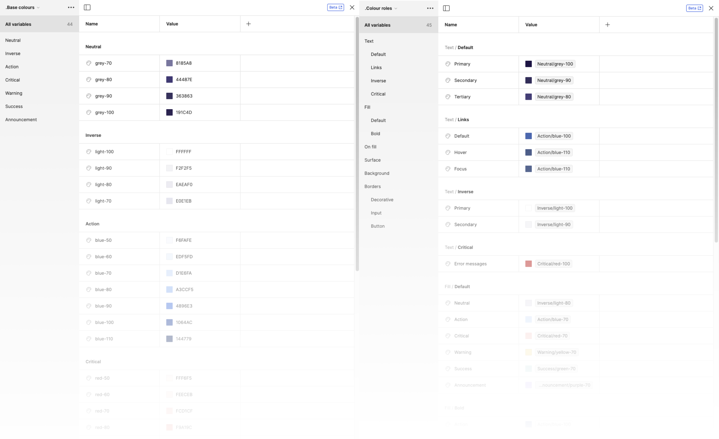 2 Figma variable collections. The left one is the colour names that are linked to the colour roles collection (the right one).