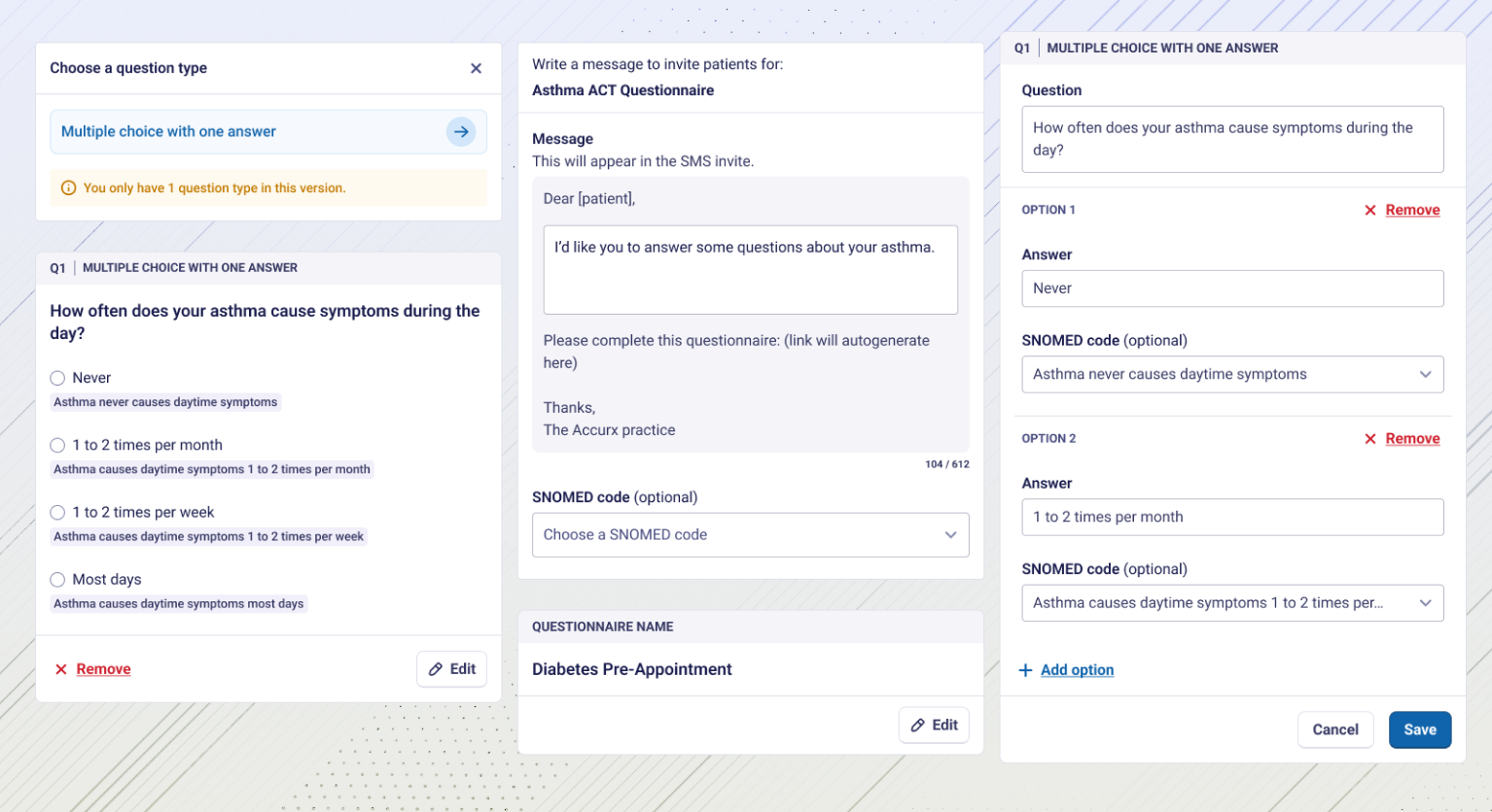 Some screens of medical questionnaire builder.