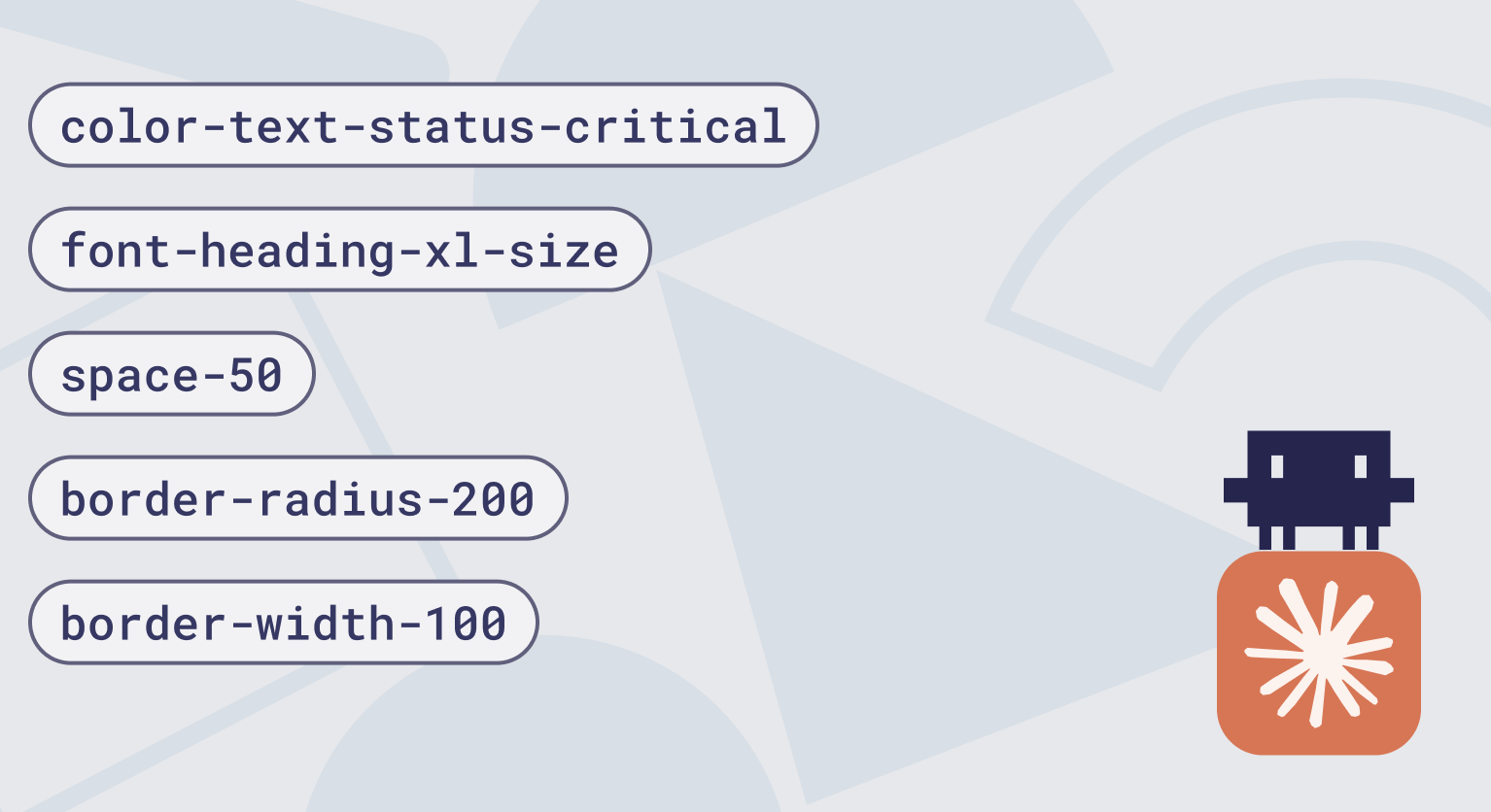 Design token names in pill labels beside a pixel-art character perched on an orange starburst app icon