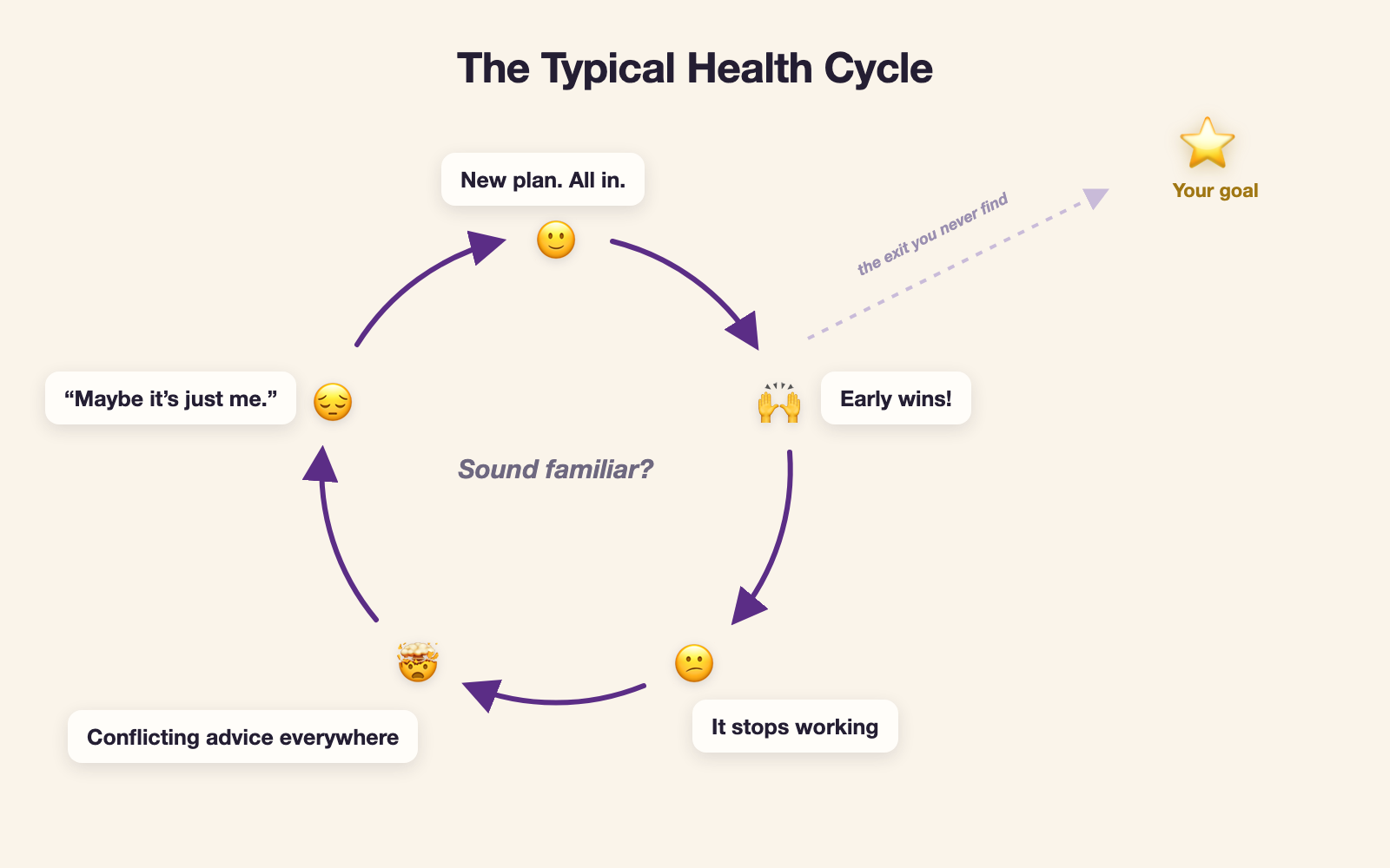 The typical health cycle: new plan, early wins, it stops working, conflicting advice, and back to the start