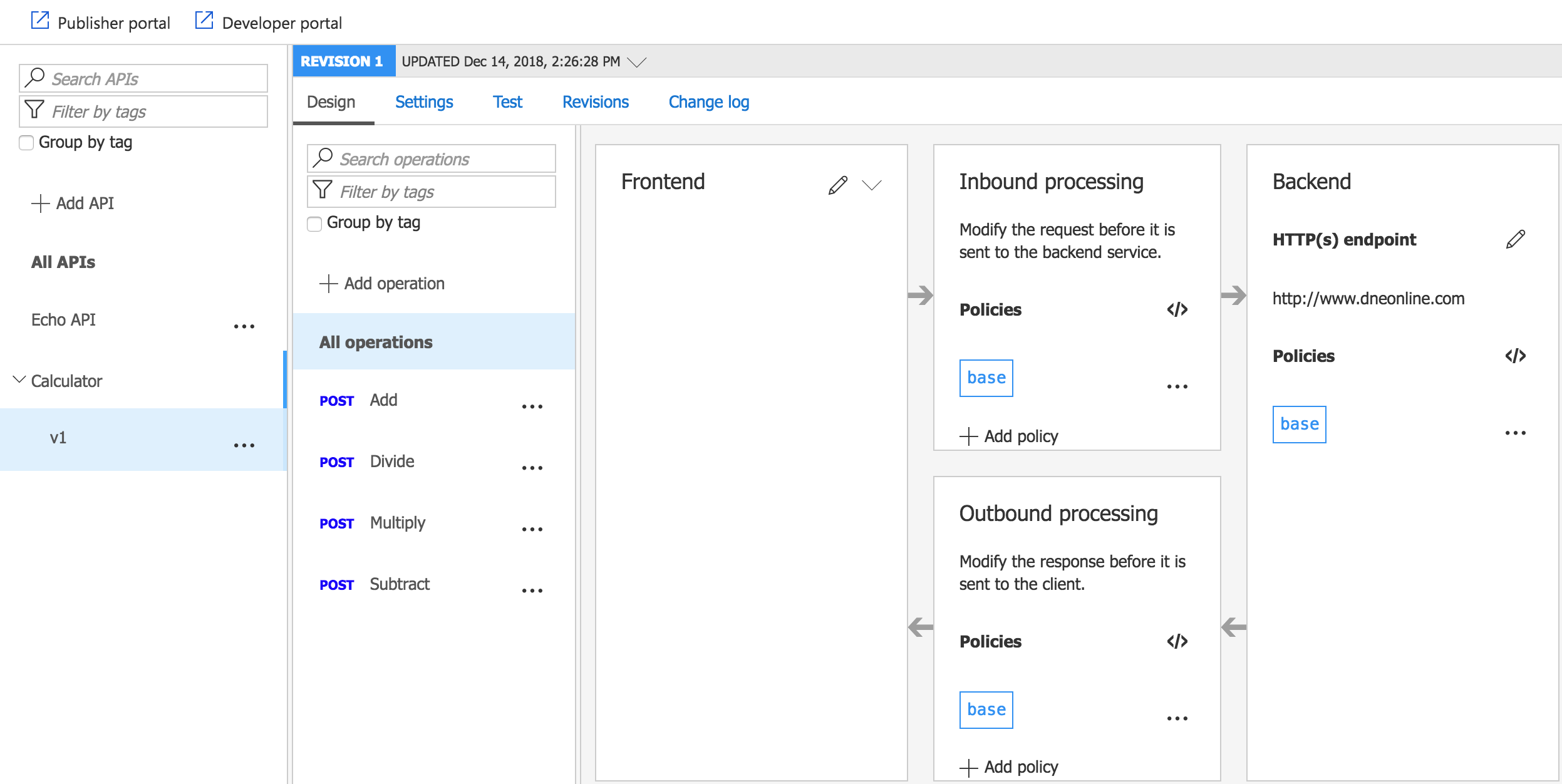 SOAP to REST Azure API management design screen