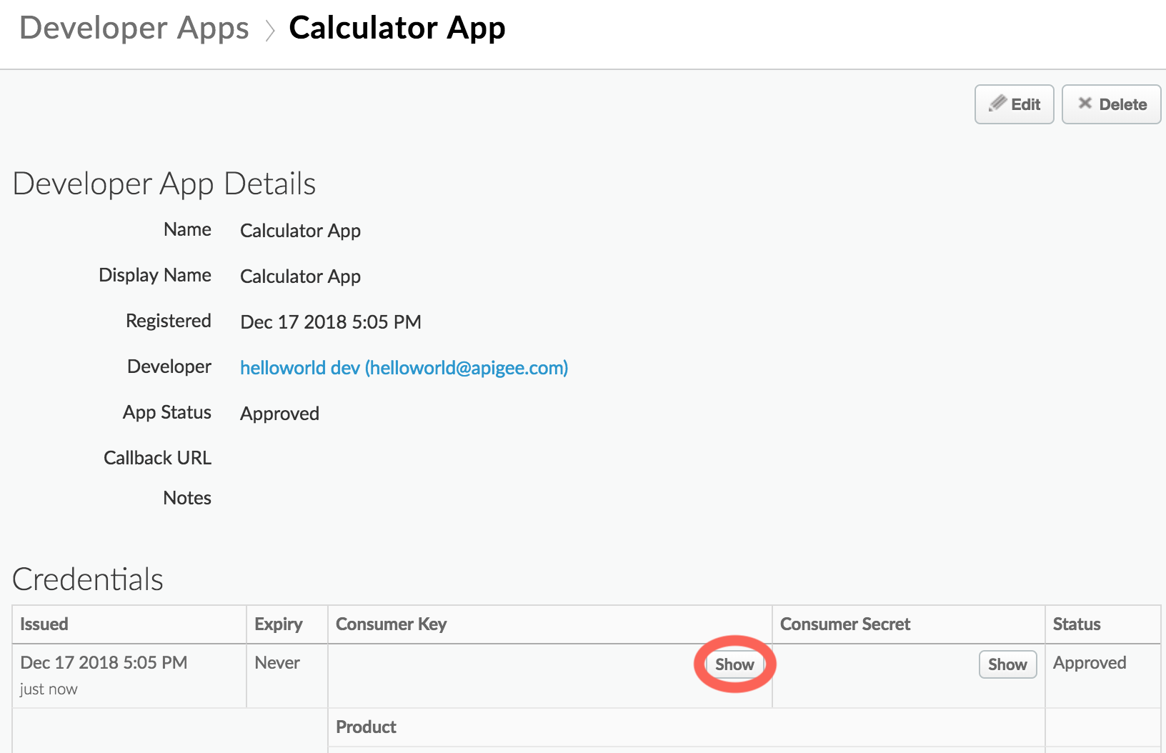 Apigee - App Details credentials