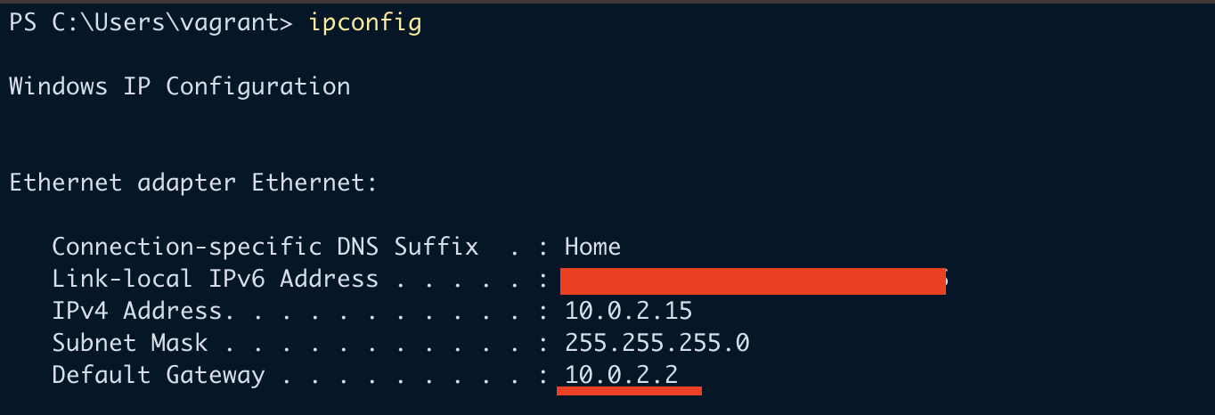 ipconfig command output from guest vm