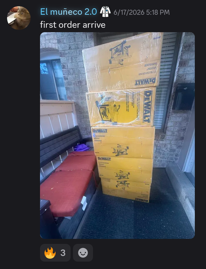 Community delivery screenshot showing a member's first delivered stack of DEWALT DWE7485 table saws.